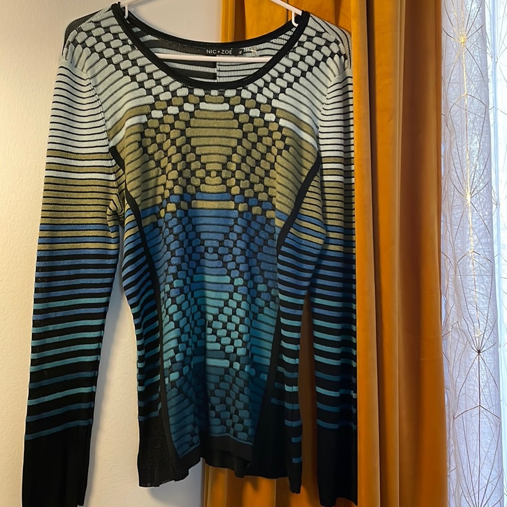 Nic & Zoe PL petite Large thin sweater abstract avocado green navy blues